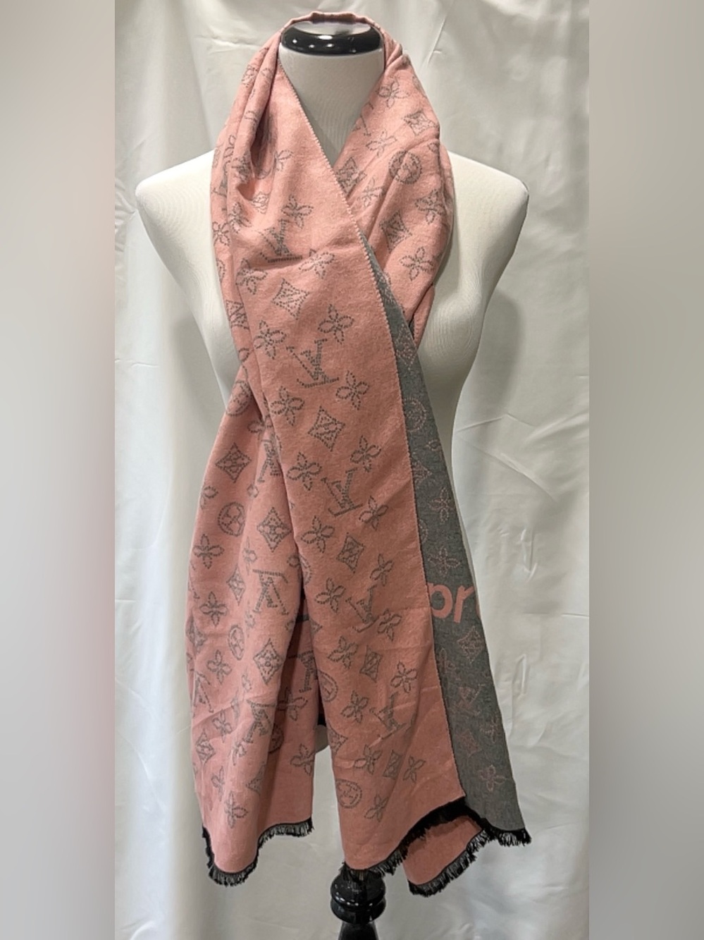 Grey Pink Monogram Pattern Long Soft Fringed Winter Fall Fashion Scarf Unisex